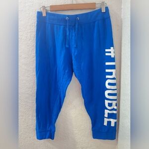 Prestice Edge Blue Joggers with White #TROUBLE Capri Joggers Medium
